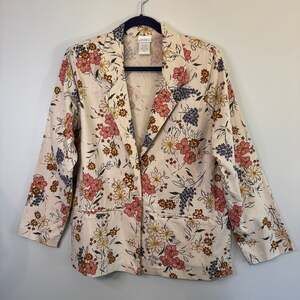 Blair Boutique Womens Blazer Jacket Size L Beige Floral Print Shoulder Pads